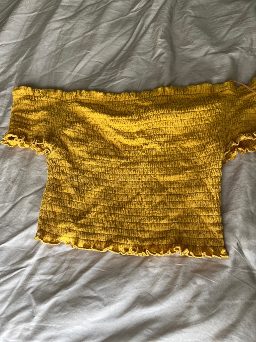 Love Tree Yellow Smocked Off-Shoulder Crop Top